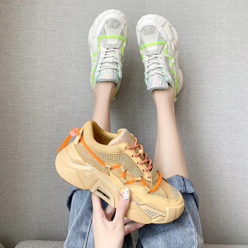 

2020Autumn Shoes Sneakers for Women Fashion Vulcanize Thick Sole Running Casual Rhinestone Breathable Mesh Walking Shoes Women's
