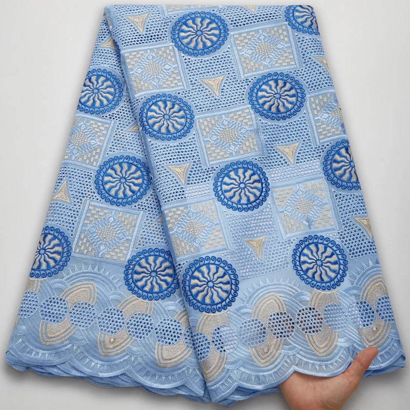 

Fashion Sky Blue Swiss Voile Cotton Lace Fabric 2022 Latest Swiss Voile Lace In Switzerland With Stones For Wedding Dress Y2676