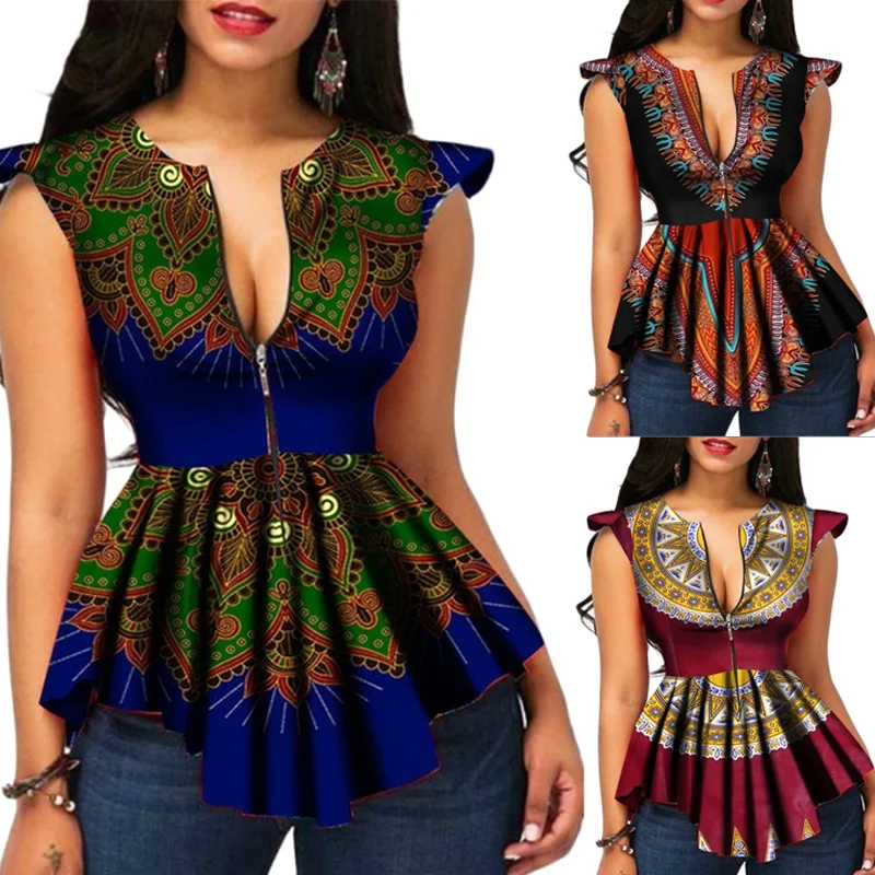 

Women Tank Summer Zipper T-Shirt African Printing Top Blouse Tee Shirts SER88