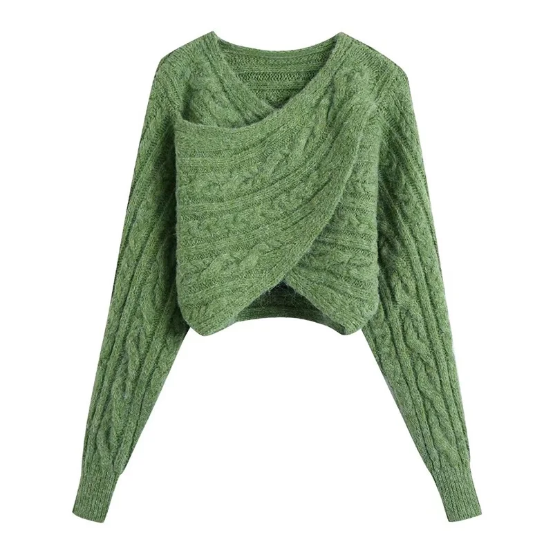 

TRAF Women 2022 Fashion Front Crossover Cropped Cable-knit Sweater Vintage Long Sleeve Female Pullovers Streetwear