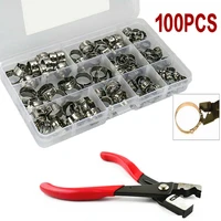 100pcs 5 3 15 3mm single ear stepless hose clamps hose clips 304 stainless steel with pincers pliers kit