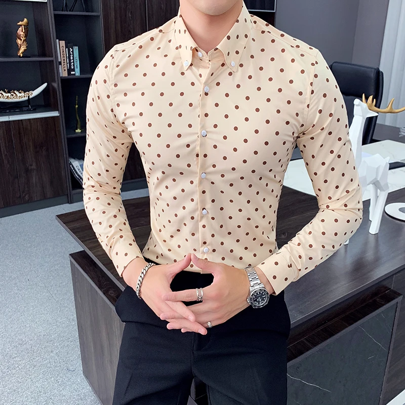 Fashion Print Casual Men Long Sleeve Shirt Stitching Dot printed Design Fabric Soft Comfortable Dress Slim Fit Style | Мужская одежда
