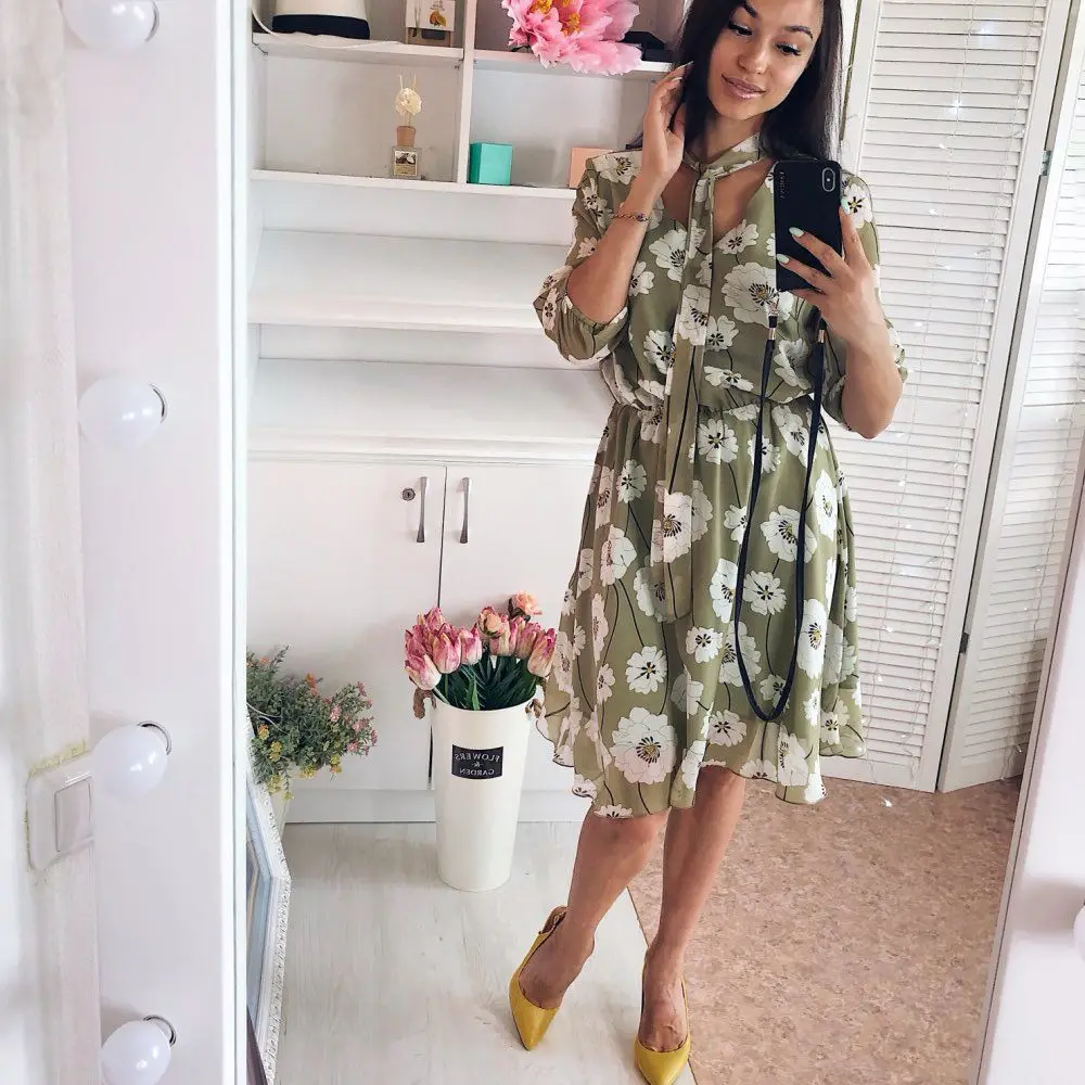 2020 spring and summer new European American women's tie sexy print dress fashion comfortable women Clothes | Женская одежда