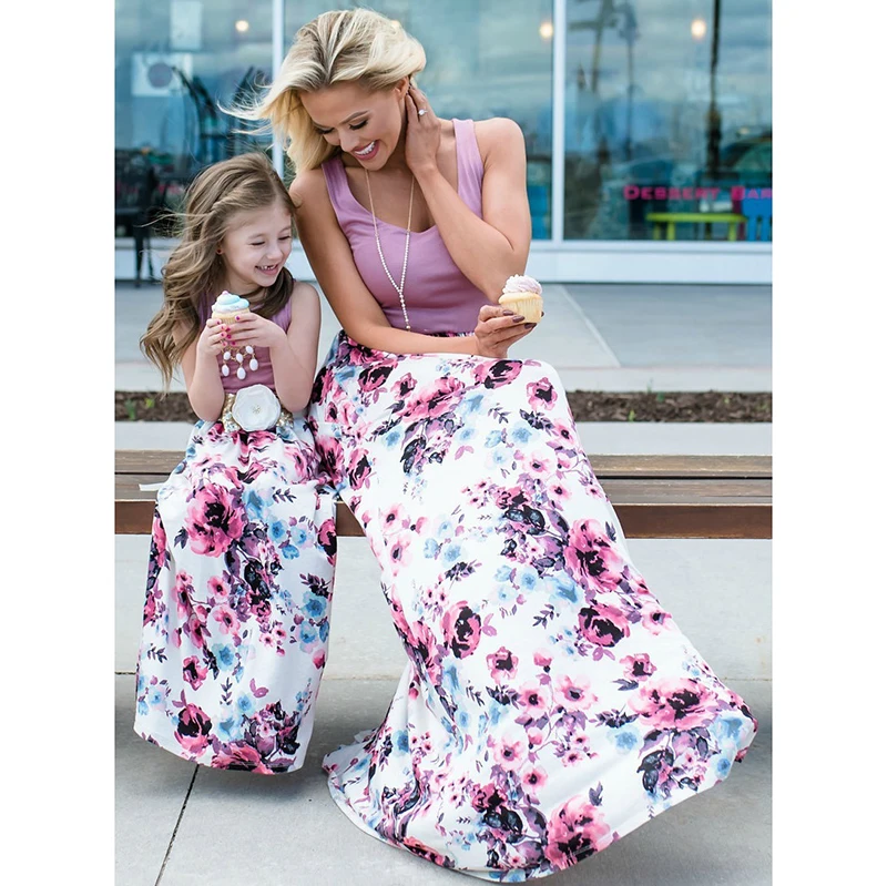 Новинка 2019 года Платья с цветочным рисунком для мамы и дочки вечерние костюмы