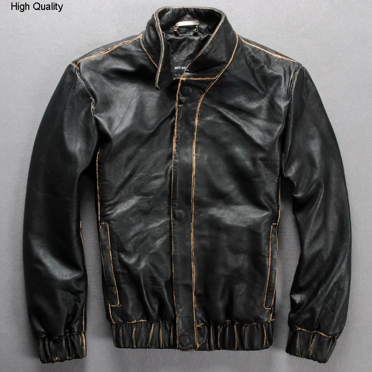 Мужская кожаная куртка приталенная двухцветная ручной работы из натуральной