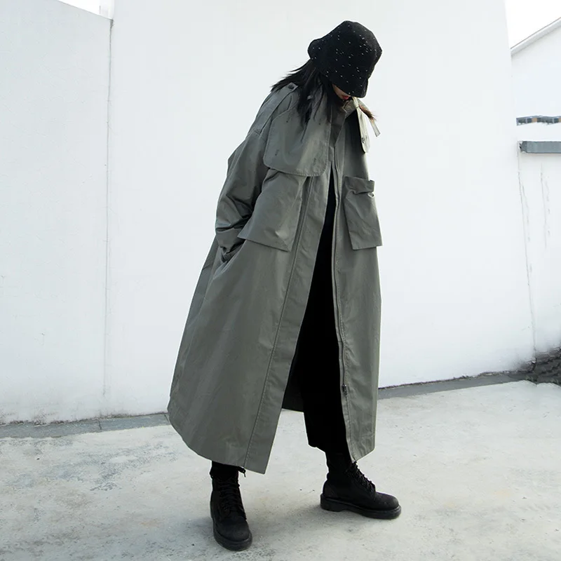 

Big Women Green Size Thick Trench New Stand Collar Long Sleeve Loose Fit Windbreaker Fashion Autumn Winter 2021 1DD1388