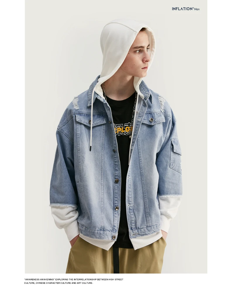 Инфляция с фальш-вставками со вставкой из джинсовой ткани куртка синего цвета Для мужчин, куртка с капюшоном 2 шт./компл. на весну и осень джинсовая ткань в уличном стиле для осени 8750W