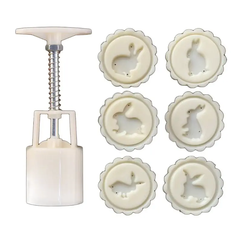 

50g Mooncake Mold 6pcs Bunny Stamps Hand Press Moon Cake Pastry Mould DIY Bakeware Mid-autumn Festival