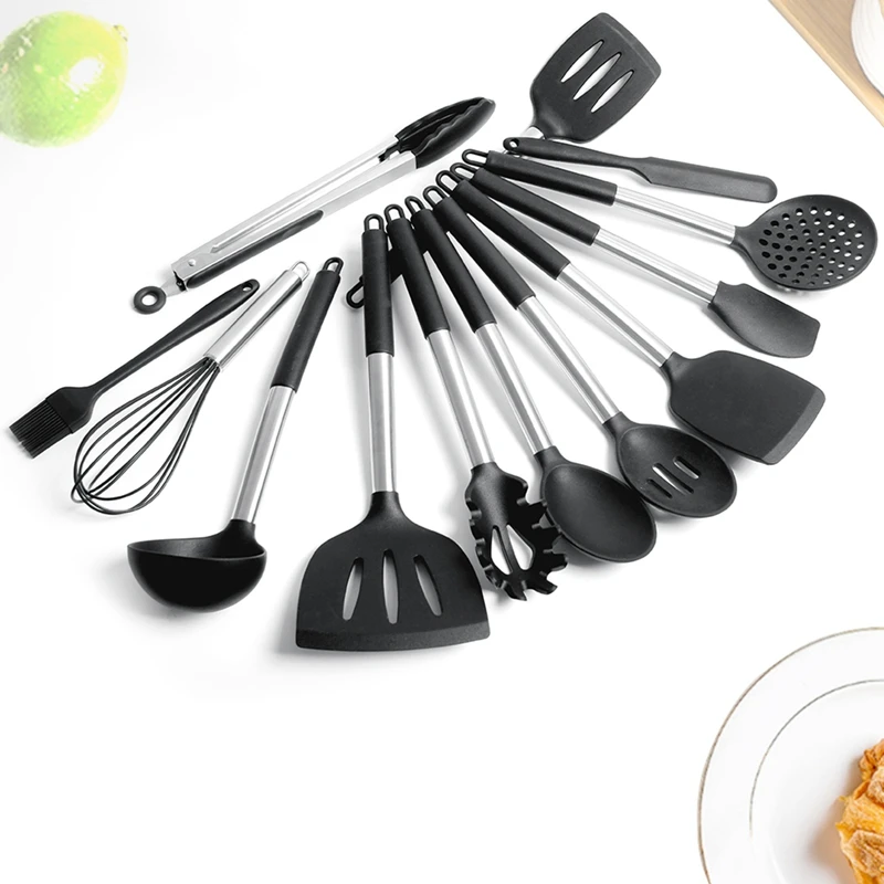 

Silicone Cooking Turner Kitchenware Set 12/14pcs Stainless Steel Handle Spatula Kitchen Utensils Baking Tool Kit Storage Box