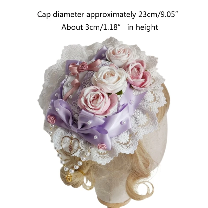 

Japanese Lolita Sweet Lace Top Hat Pearl Beaded Bowknot Rose Flower Bonnet Flat Cap Vintage Party Cosplay Hair Accessory M6CD