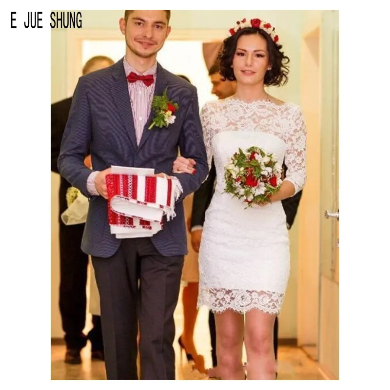 

E JUE SHUNG White Short Sheath Wedding Dresses Scoop Neck Half Sleeves Button Back Full Lace Bridal Dresses vestido de noiva