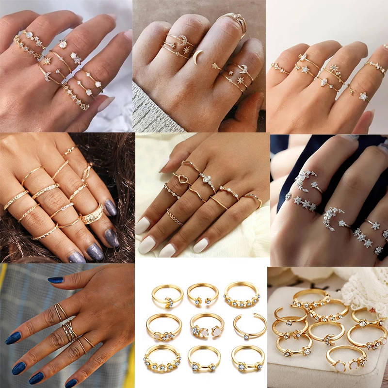 

9pcs Bohemian Gold Zircon Open Rings Set For Women Fashion Metal Knuckle Finger Rings Vintage Chain Ring 2021 Minimalist Jewelry
