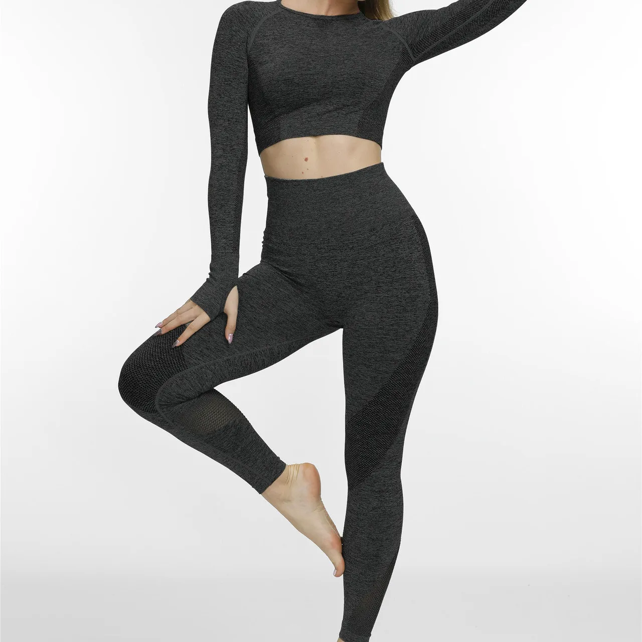 Женский спортивный костюм из 2 предметов бесшовный комплект для йоги с длинным