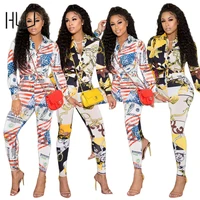two piece personalized printed ladies shirt pants suit womens clothing 2021 autumn patchwork print office club trouser suit