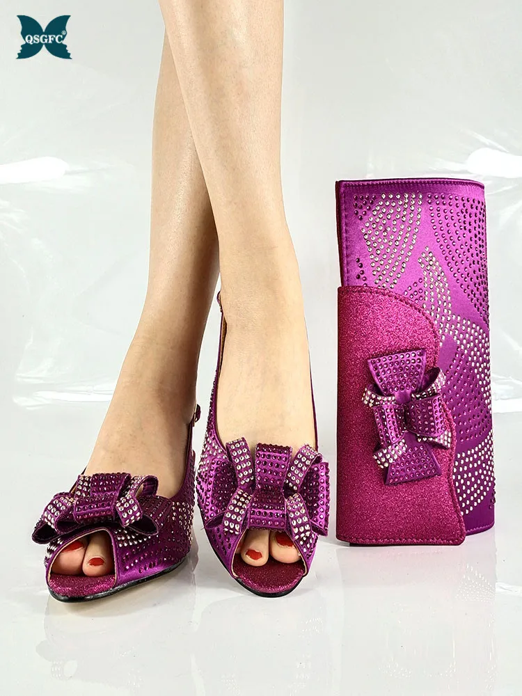 

2021 Italian Design Hot Selling Nigerian Party Women Shoes and Bag Set With Speical Narrow Band and Cross-tied in Magenta Color