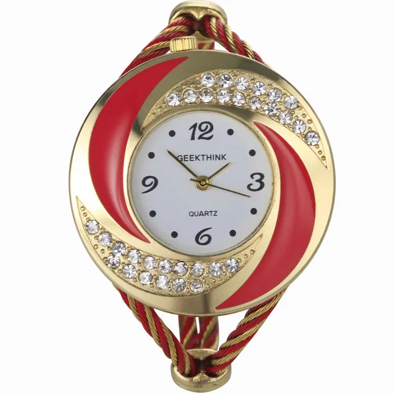Gold Red Модные стразы, бриллианты, в стиле вихря, стальное переплетение, платье, наручные часы для женщин и девушек, дамский браслет, кварцевые часы - Цвет: Gold Red