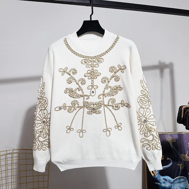 Autumn Knit Set Beading Flowers Tracksuit Female Knitted Sweater Long Pants Suit two piece set Women Knitting Outfits Winter | Женская