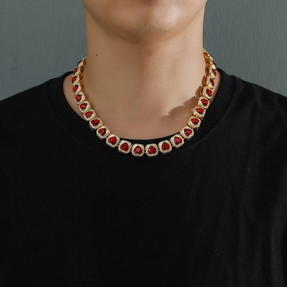 

Цепочка кубинская в стиле хип-хоп, красное Персиковое сердце стразы, квадратное ожерелье, браслеты для мужчин/женщин/пар, Модная бижутерия, ...