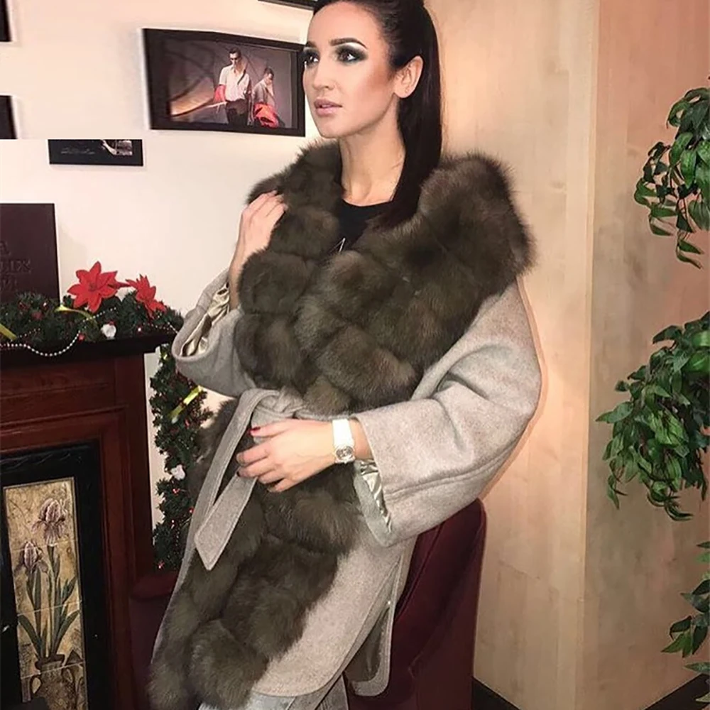 Новое шерстяное меховое пальто для женщин с длинным воротником из лисьего меха, теплая зимняя куртка из натуральной кожи с натуральным мехом, роскошная NZ-008