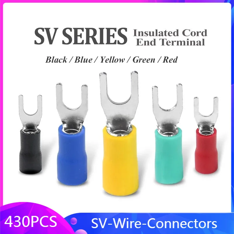 

430PCS/BOX Assorted Insulated SV Fork U-type Set Terminals Connectors Kit A.W.G 22-16 Copper Wire Insulated Cord Pin End Butt
