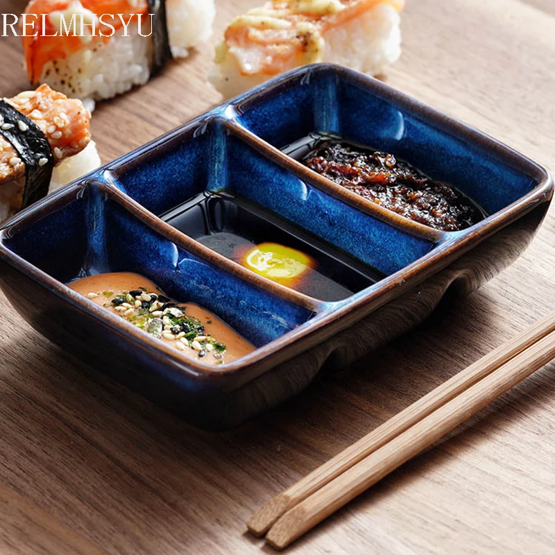 

1PC RELMHSYU Nordic Style Cerami Retro Three Grid Sauce Sushi Barbecue Seasoning Rectangular Dipping Dish Household Tableware