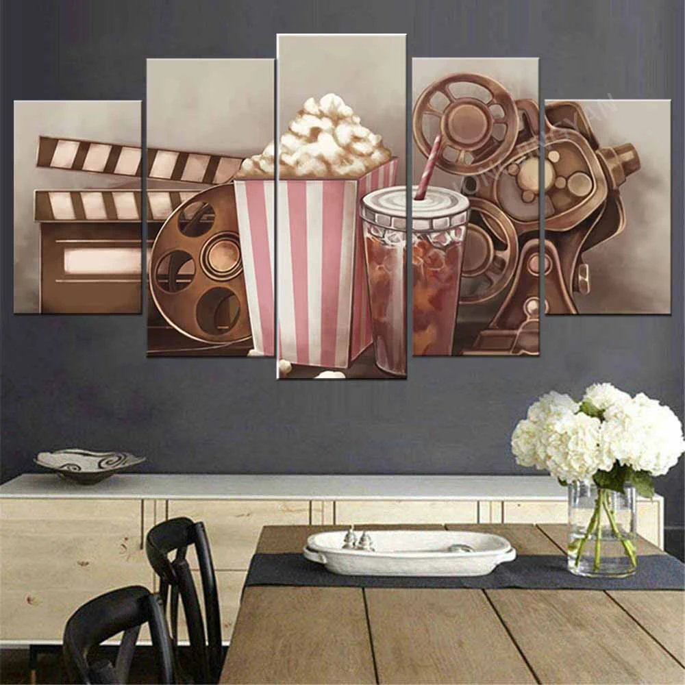 

5 Pieces Wall Art Canvas Painting Vintage Fashioned Film Reel Popcorn Poster Modern Living Room Home Decoration Modular Pictures