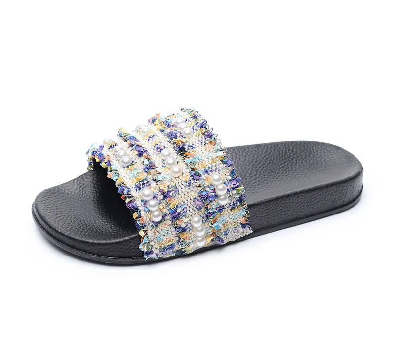 

String Bead Female Shoes Ladies' Slippers Low 2021 Flat PVC Slides Basic Scandals Fabric Sewing PU Flat Shoes Female Woman's Sli