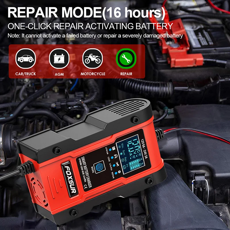 Зарядное устройство FOXSUR для ремонта импульсов 12 В и 24 В, зарядное устройство для аккумуляторов LiFePO4, умное зарядное устройство для аккумуляторов 6A для автомобиля, мотоцикла, быстрая зарядка