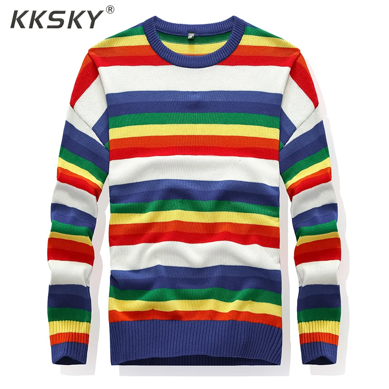 Мужской трикотажный пуловер в радужную полоску с длинным рукавом|Джемперы| |