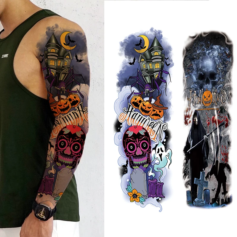 

Colorful Big Arm Sleeve Tattoo Halloween Day Waterproof Temporary Tattoo Sticker Body Art Fake Tattoo Fake Colored Tattoos WSQB