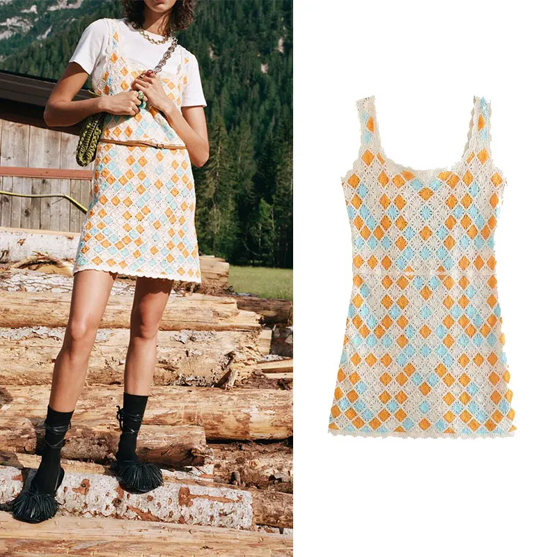 

Женское вязаное платье-мини Za, повседневное Хлопковое платье с цветочным рисунком, в стиле ретро, для вечеринок, лето 2021