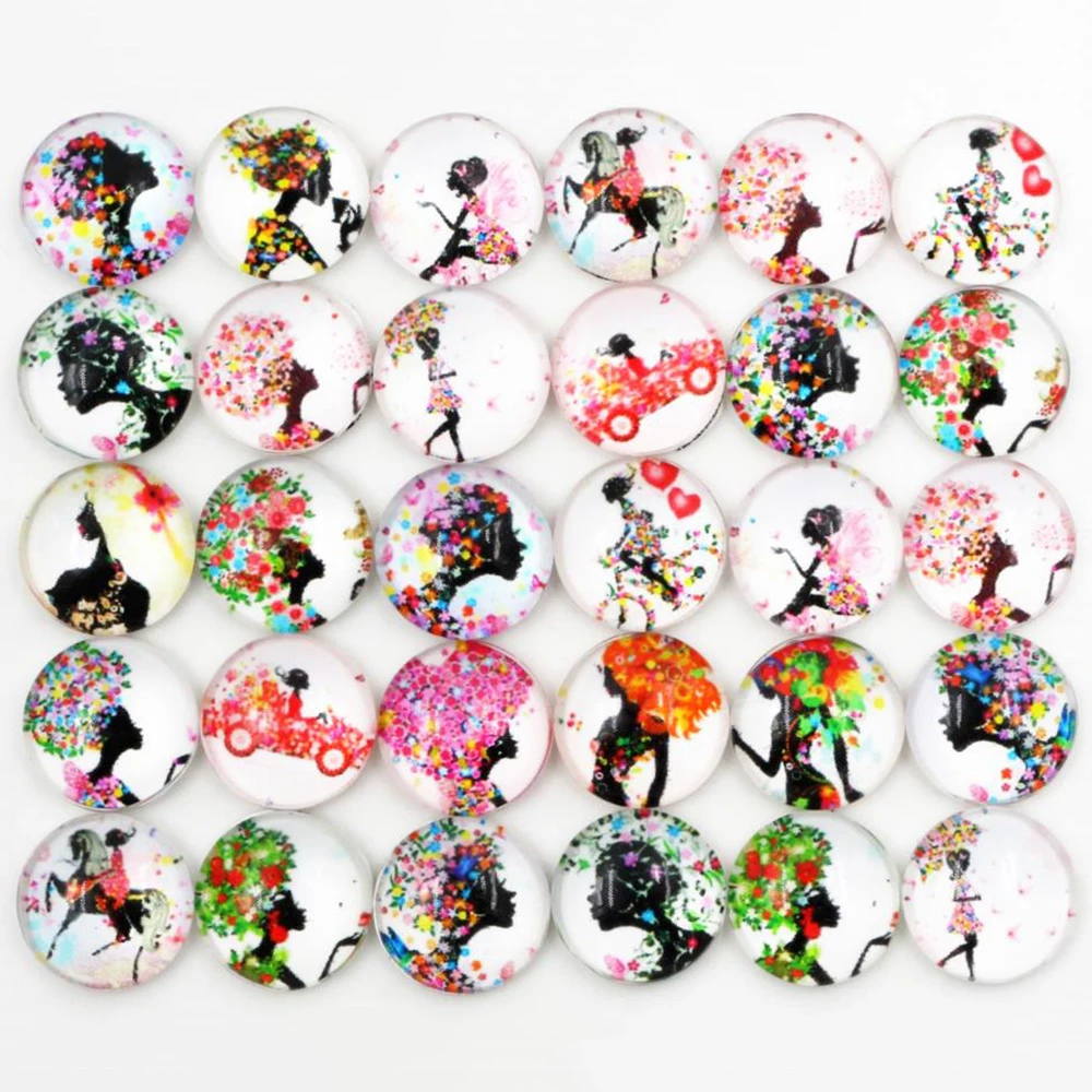 

50 шт./лот 12 мм фото стекло Кабошоны Смешанные Цвета Черный Девушка кабошоны для браслета серьги ожерелье основы Settings-E1-12