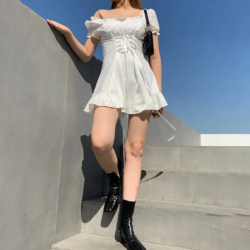 

Women White Dress Summer Short Sleeve Bandage Lace up Square Collar Puff Sleeve Vintage Lolita Style Mini Dress Ruffles Dresses