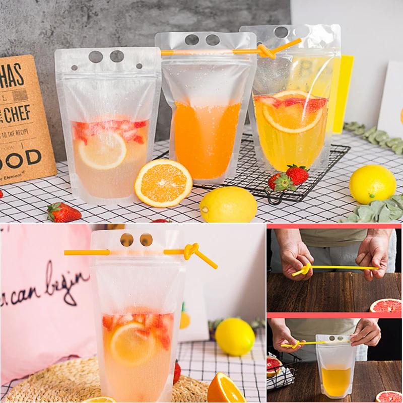 

Portable Frosted Disposable Plastic Juice Drinks Liquid Bag Kitchen Vertical Seal Pouches for Party 50pcs Bag Witn 50pcs Straw