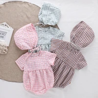 2021 kids baby rompers boy girls plaid jumpsuit toddler cotton jumpsuit hat 2 sets baby new born birthday party romper