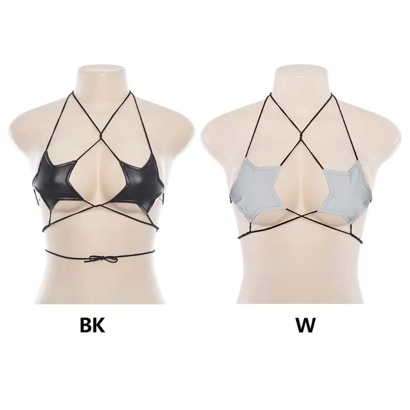 

Womens Sexy Glitter Reflective Five-Pointed Star Bra Strappy Bandage Halter Top Bralette Nightout Clubwear Metallic Solid Color