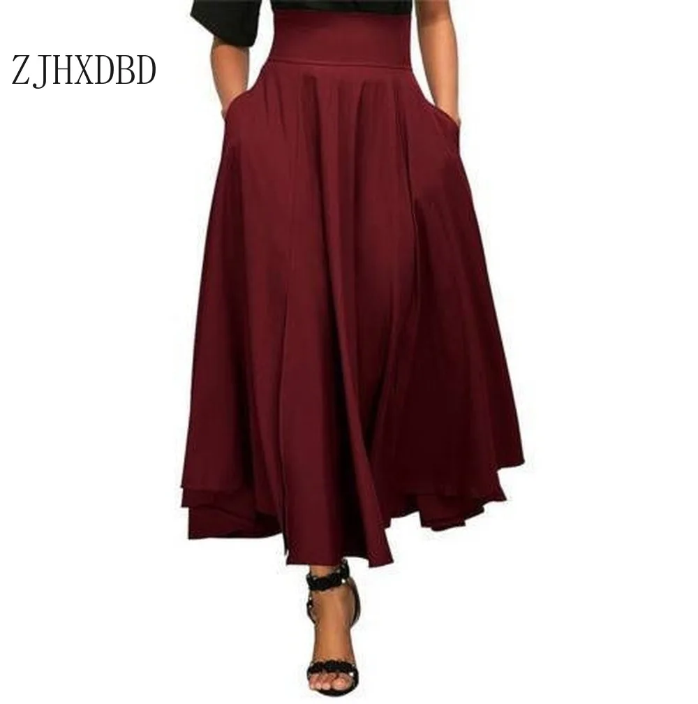 

2020 Black High Waist Long Skirts with Pocket High Quality Solid Ankle-Length Vintage Skirts Women Long Bow Pleated Skirts Cloth