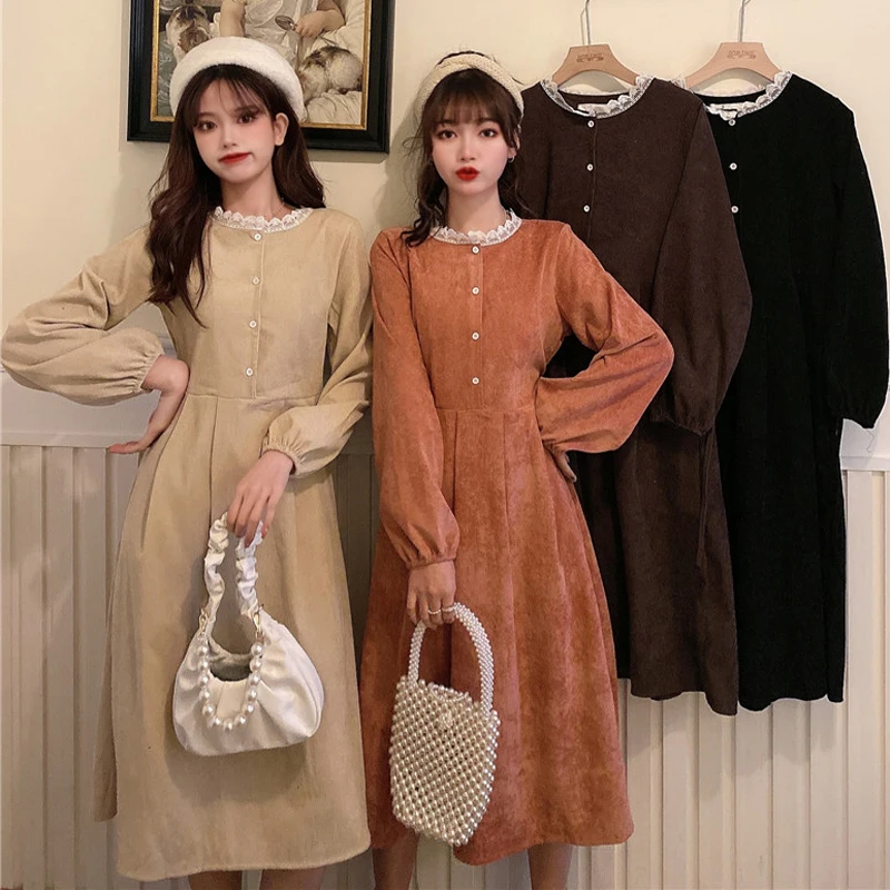 Милое женское платье Новинка весна осень 2020 кружевное вельветовое миди с круглым