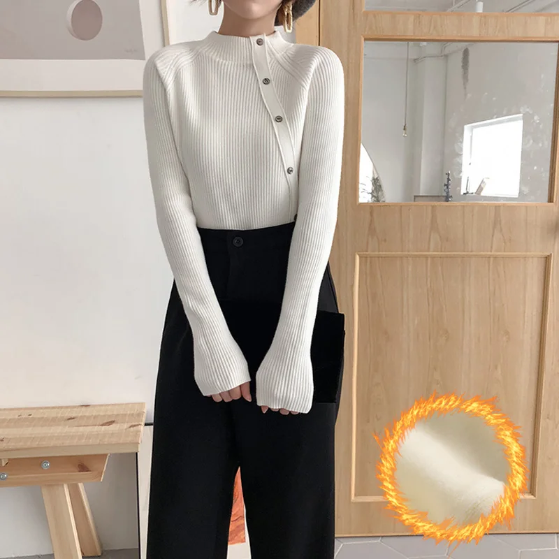 BGTEEVER 2020 New Autumn Winter Thick Velvet Half Turtleneck Female Knitting Jumpers Striped Warm Fleece Women Pullover Sweater | Водолазки