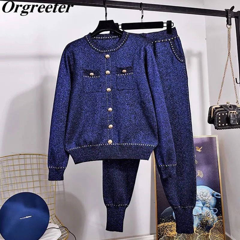 Streetwear Knitted Navy Blue Tracksuit Women Small Fragrant Bright Silk Pullover Sweater and Harem Pants Two Piece Sets Women