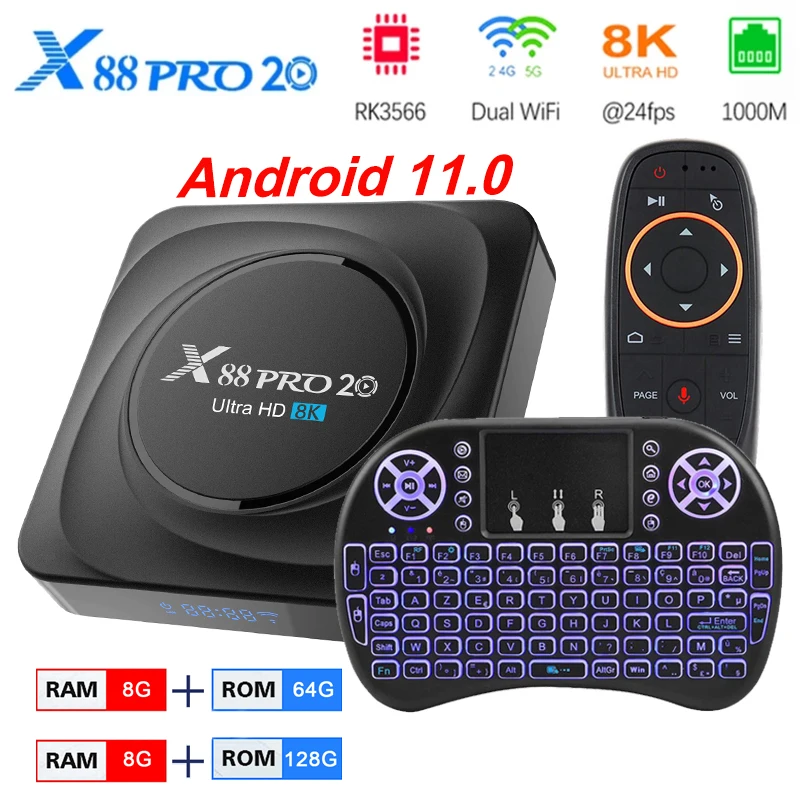 

2021 X88 PRO 20 Smart TV Box Android 11.0 RK3566 8G RAM 128G ROM 8K HD TVbox 2.4G/5G WiFi 1000M Google Play 32G 64G Android BOX