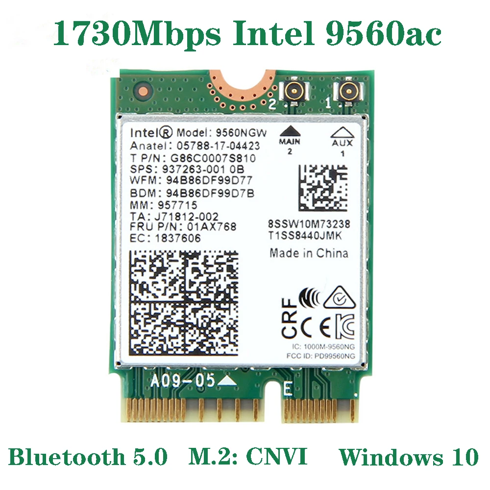 

Двухдиапазонный беспроводной Wi-Fi адаптер для Intel 9560 AC 9560NGW 1,73 Гбит/с Wi-Fi 802.11ac M.2 CNVI Bluetooth 5,0 Wlan-карта для Windows 10