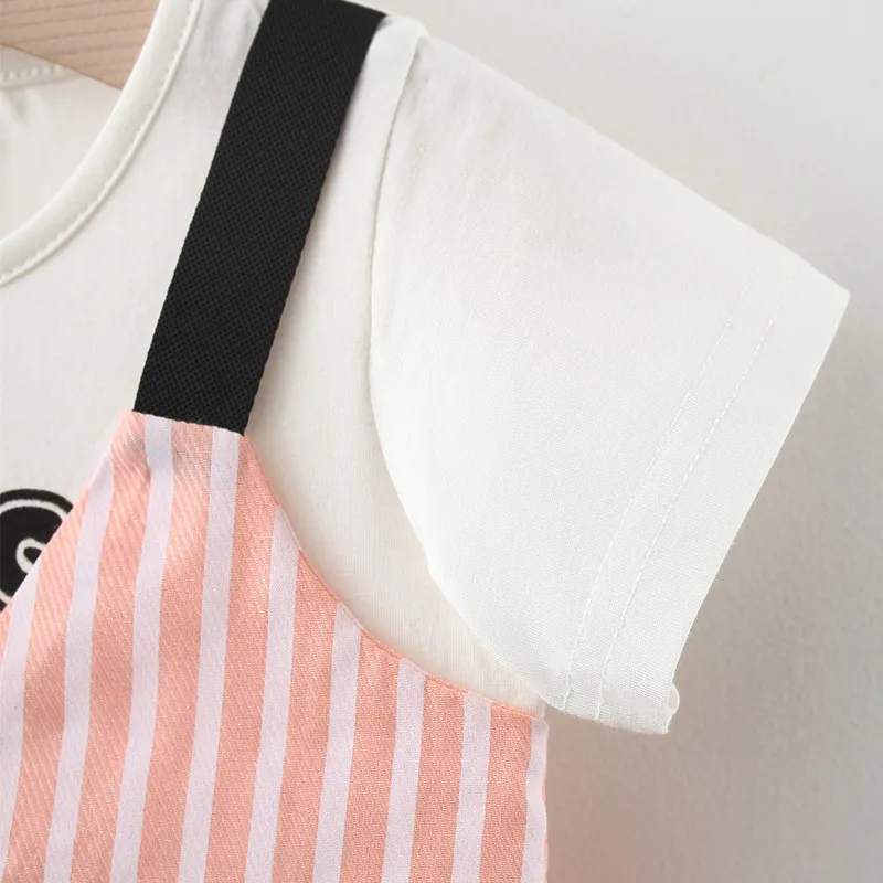 

Summer New Girls' Preppy Style Children Shirt Striped Baby Girl Fake Two-Piece Suspender Skirt Short Sleeve Popular