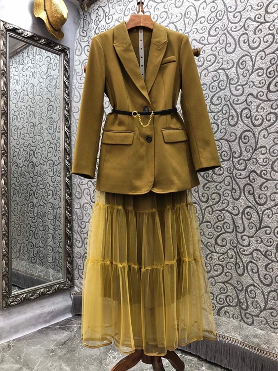 

Top Quality Designer Clothing Sets 2022 Spring Blazer Suits Women Belted Long Sleeve Blazer Coats+Elastic Waist Mesh Skirt Sets