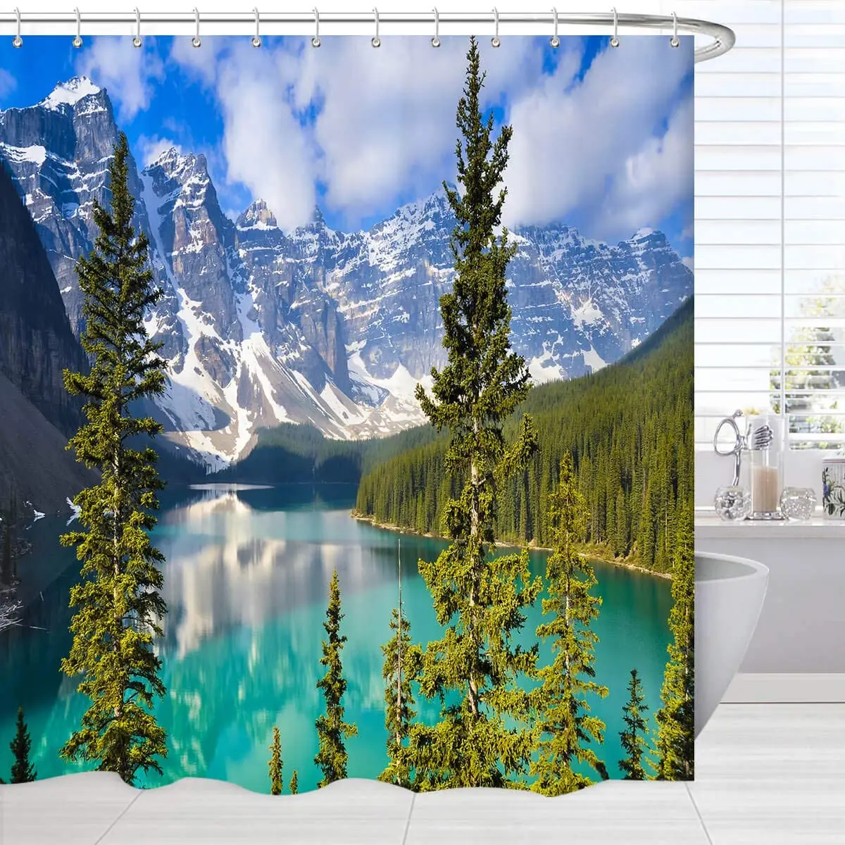 

Landscape Shower Curtain Fabric Nature Lake Pine Trees Forest Scenery Curtains For Bathroom Decor Washable Blue Bath Curtain