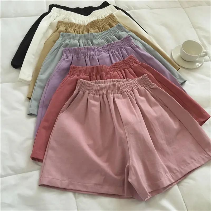 

Шорты женские с завышенной талией, повседневные широкие эластичные уличные Мини-шорты в стиле Харадзюку, однотонные белые свободные, Q3995, на...