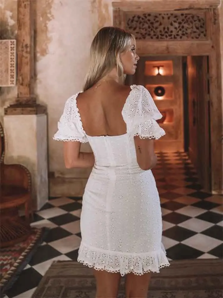 yinlinhe Hollow Out White Lace Dress Women Short Sleeve Up Sexy Bodycon Summer Backless Cotton Party Vestidos 1268 | Женская одежда