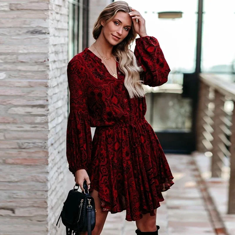 

Vintage Plaid Print Mini Dress Women Spring Summer Elegant Lantern Long Sleeve Ruffles Beach Party Slim V Neck Shirt Dresses