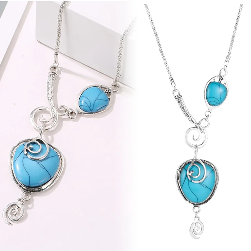 1 PC Irregular Pendant Natural Stone Turquoises Necklace For Women Vintage Antique Silver Color Unique Design Fashion Jewelry