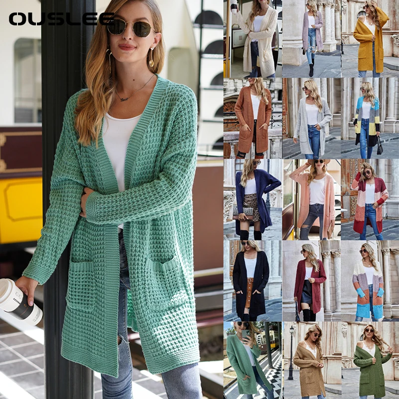 OUSLEE-Женский кардиган с V-образным вырезом и рукавом-фонариком свободные вязаные